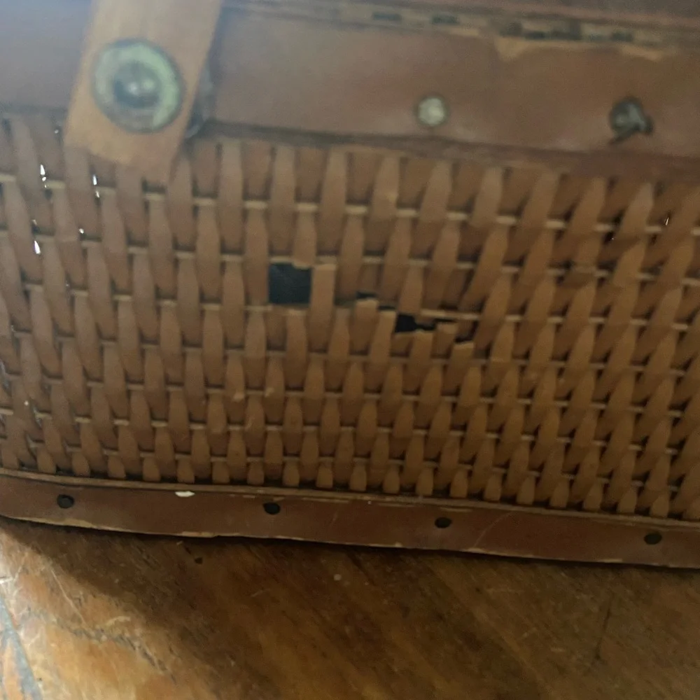 Vintage MCM Red Man Rattan Wicker Picnic Basket